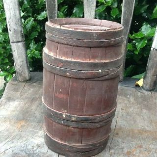 Early 1800s Primitive Very Small Wooden Barrel Old Red Paint Finger Banded