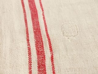Vtg Antique Red Stripe Hemp Linen Rustic French Fabric Feed Sack Grain Bag 21x55