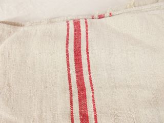 Vtg Antique RED STRIPE HEMP LINEN RUSTIC FRENCH Fabric FEED SACK GRAIN BAG 21x55 2