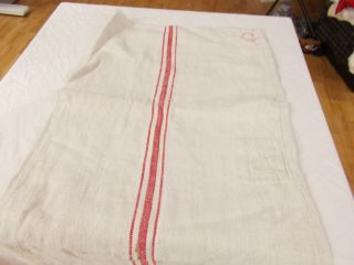 Vtg Antique RED STRIPE HEMP LINEN RUSTIC FRENCH Fabric FEED SACK GRAIN BAG 21x55 3