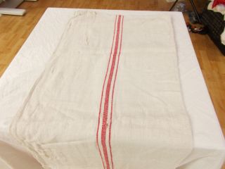 Vtg Antique RED STRIPE HEMP LINEN RUSTIC FRENCH Fabric FEED SACK GRAIN BAG 21x55 4