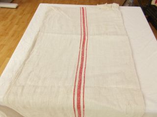 Vtg Antique RED STRIPE HEMP LINEN RUSTIC FRENCH Fabric FEED SACK GRAIN BAG 21x55 5