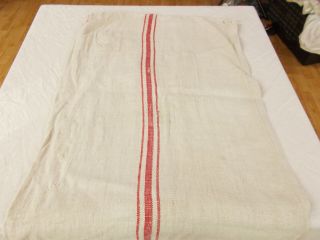 Vtg Antique RED STRIPE HEMP LINEN RUSTIC FRENCH Fabric FEED SACK GRAIN BAG 21x55 6