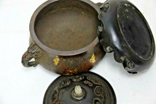 FINE QUALITY CHINESE GOLD SPLASH BRONZE CENSER WITH JADE FINIAL & SEAL MARK RARE 11