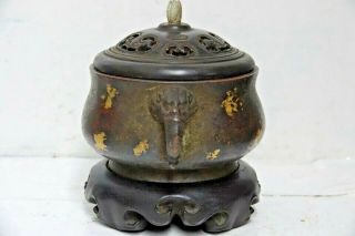 FINE QUALITY CHINESE GOLD SPLASH BRONZE CENSER WITH JADE FINIAL & SEAL MARK RARE 12