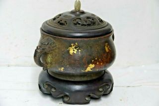 FINE QUALITY CHINESE GOLD SPLASH BRONZE CENSER WITH JADE FINIAL & SEAL MARK RARE 2