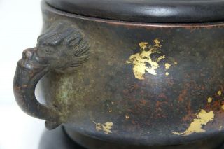 FINE QUALITY CHINESE GOLD SPLASH BRONZE CENSER WITH JADE FINIAL & SEAL MARK RARE 3