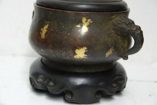FINE QUALITY CHINESE GOLD SPLASH BRONZE CENSER WITH JADE FINIAL & SEAL MARK RARE 5