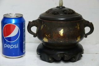 FINE QUALITY CHINESE GOLD SPLASH BRONZE CENSER WITH JADE FINIAL & SEAL MARK RARE 6