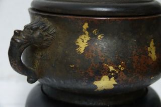 FINE QUALITY CHINESE GOLD SPLASH BRONZE CENSER WITH JADE FINIAL & SEAL MARK RARE 7