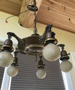 Vintage Nouveau Metal Brass Pan Ceiling Fixture Chandelier 5 Lights Weber