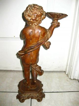 Vintage Primitive Renaissance Hand Carved Wood Cherub,  Angel Candle Holder 18.  5 