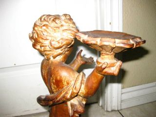 Vintage Primitive Renaissance Hand Carved Wood Cherub,  Angel Candle Holder 18.  5 