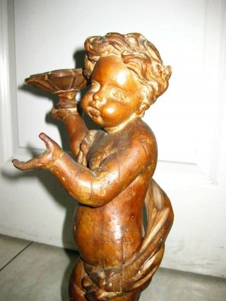 Vintage Primitive Renaissance Hand Carved Wood Cherub,  Angel Candle Holder 18.  5 