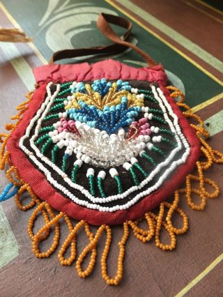 Antique 19th Century Beaded Silk Pouch Purse,  Possibly Native American Indian ?