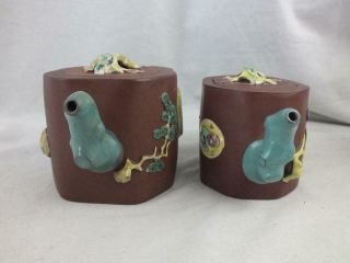 TWO ANTIQUE CHINESE YIXING MOULDED ENAMELLED TEAPOTS - MARKS TO LID AND BASE 2