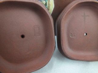 TWO ANTIQUE CHINESE YIXING MOULDED ENAMELLED TEAPOTS - MARKS TO LID AND BASE 7