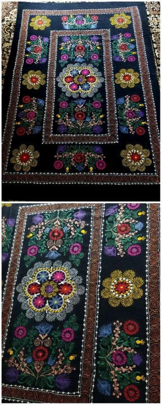 Vintage Uzbek Suzani Silk Embroidered Tapestry On Velveteen Bright Colors