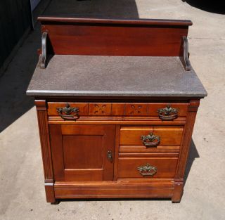Antique Victorian Eastlake Marble Top Commode Cabinet Wash Stand Knight Pulls