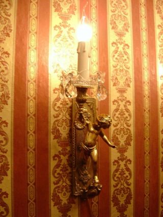 Art Nouveau Old Brass Cherubs Pair French Wall Lamps Sconces Antique Lustre
