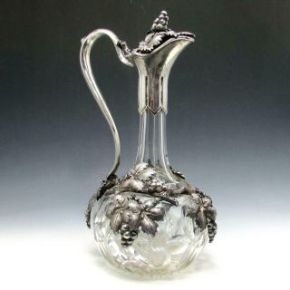 Antique Victorian Sterling Silver & Cut Crystal Grape Vine Claret Jug Decanter