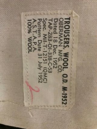 Korean War US Army OD Wool Trousers/Pants M - 1952 Size 32x29 Dated 1952 - 4