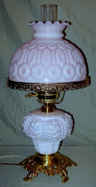 Vintage White/pink Cased L.  G.  Wright Consolidated Base Beaded Drape Lamp
