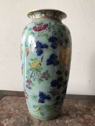 Antique Chinese Celadon Famille Rose Gilt Porcelain Vase 19th C 2