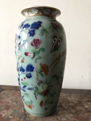 Antique Chinese Celadon Famille Rose Gilt Porcelain Vase 19th C 4