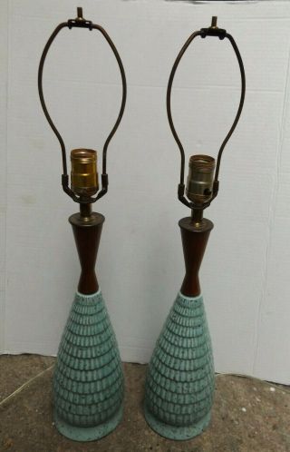 Mid Century Modern Table Lamp Pair Pottery And Teak