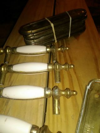 11 Vintage White Ceramic & Brass Drawer Pulls Handles And Backplates 8