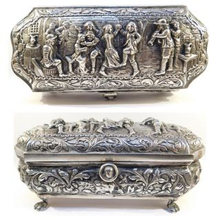 Victorian 800 Silver German Repousse Footed Box C.  1880