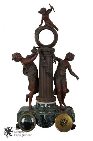 Antique Figural Bronze Mantel Clock Case Marble Base Column Cupid Cherub French