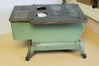 Antique Vindex Cast Iron Toy Stove - Cream & Green Paint 5