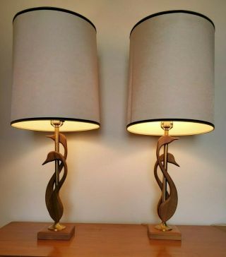 Vtg Mid Century Modern 2 Teak Stylized Swan Table Lamps Shades Danish