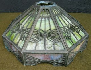 Authentic Arts And Crafts Slag Glass Dragonfly Motif Lamp Shade / As Found