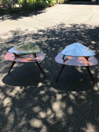 Mid Century Atomic Two Tier Side Tables With Glass Tops