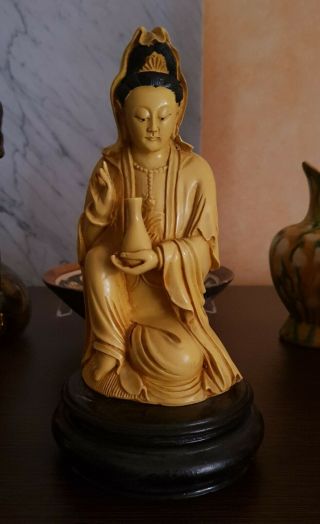 A Old Chinese Resin Or Sepiolite Carved Quanyin On Wooden Base - 21cm