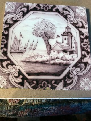 English 1700’s Delft Purple Tile Ships Pattern Fancy Border 4