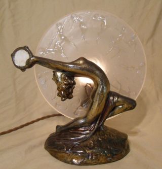 Armor Bronze Co.  Nude Arched Dancer Lady Lamp Consolidated Glass Nymph Plate