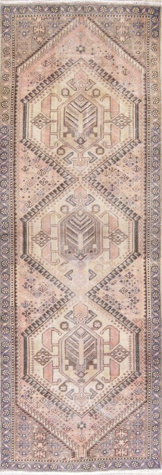 Antique Geometric Muted 10 Ft Runner Persian Distressed Wool Rug 9 