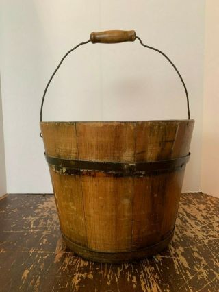 Old Vintage Primitive Wooden Bucket With Bail Handle