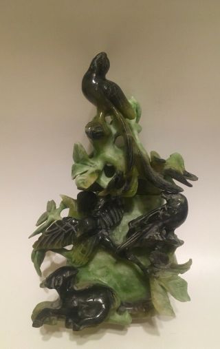 Estate China Green Jade Jadeite Hand Carving Statue Of Birds And Flowers