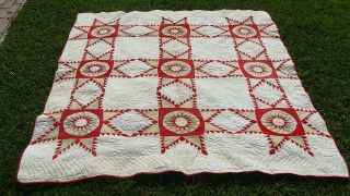 Spectacular Touching Feathered Star 19th C All Hand Quilted Quilt,  75 " X 63 "