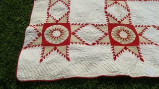 Spectacular Touching Feathered Star 19th C all hand quilted quilt,  75 