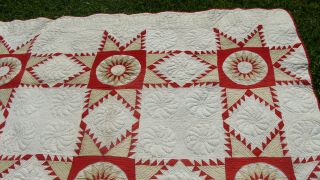 Spectacular Touching Feathered Star 19th C all hand quilted quilt,  75 