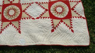 Spectacular Touching Feathered Star 19th C all hand quilted quilt,  75 