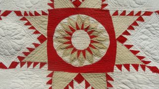 Spectacular Touching Feathered Star 19th C all hand quilted quilt,  75 