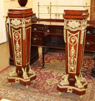 Pair Pedestals Stands Marquetry Inlaid French Marble Top Bronze Ormolu C1940s