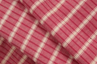 Vintage French Ticking Fabric Salmon Pink / Red Upholstery Material Plaid Check